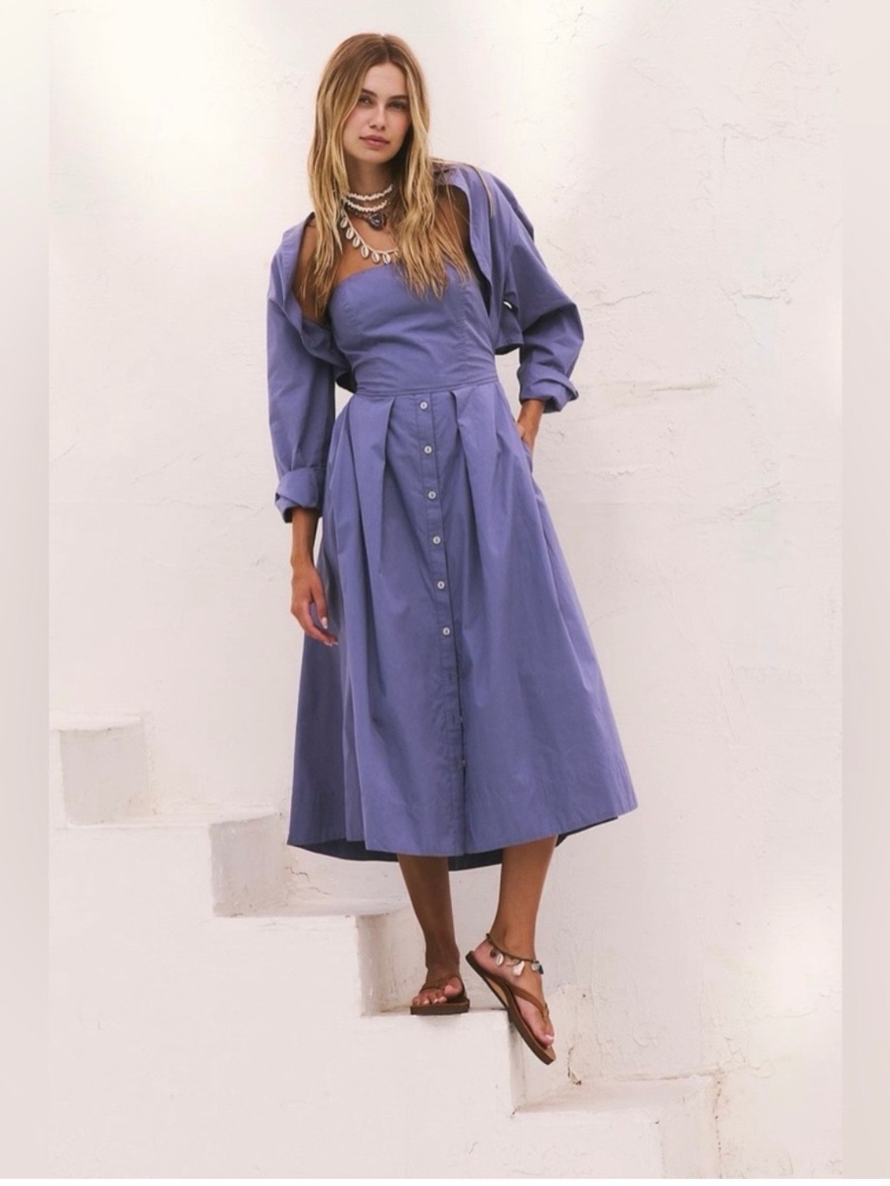 Free People Blue Poplin Belted Shirt Midi Dress Long Sleeve Pockets Size M